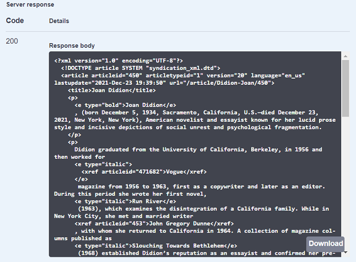 Example of XML output for article XML endpoint